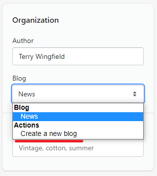 Shopify Select create new blog