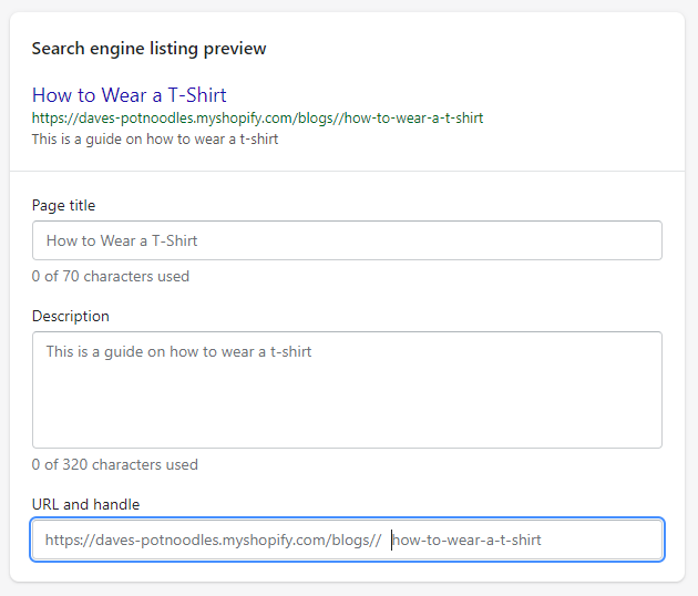 Shopify edit blog post SEO fields