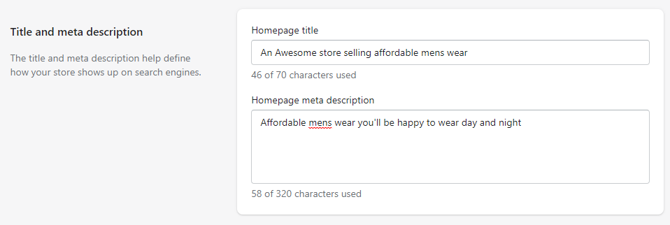 Shopify add homepage meta title and meta description