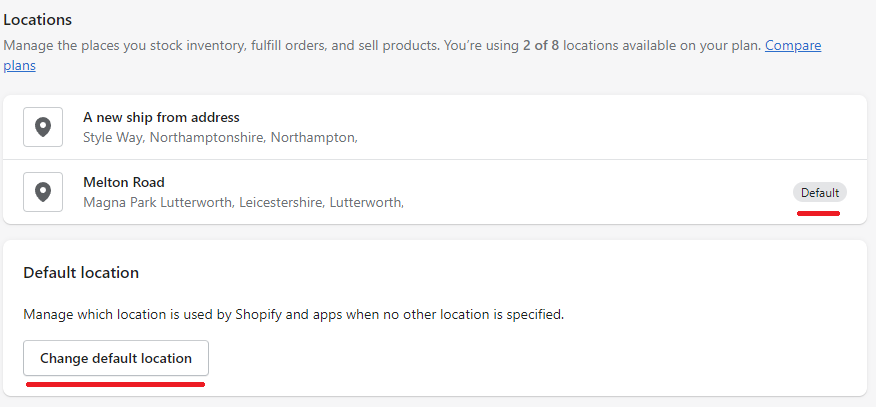 Shopify change default location