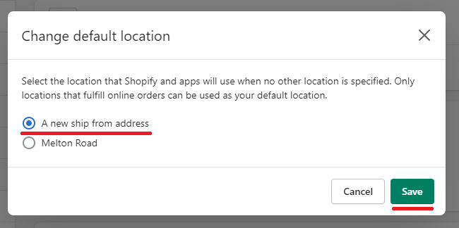 Shopify select new default location