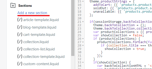 Shopify Add a new section button
