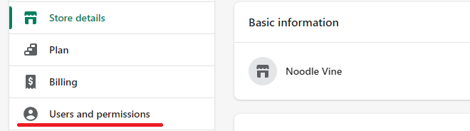 Shopify click users and permissions button