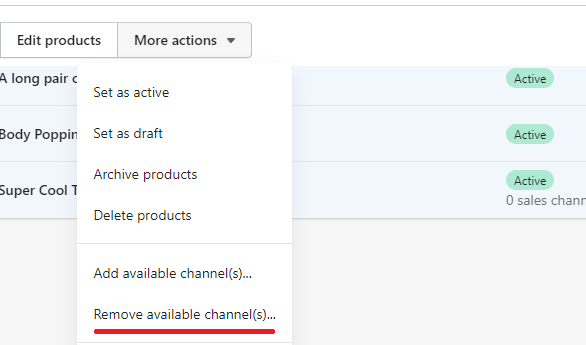 Shopify remove products from available channels
