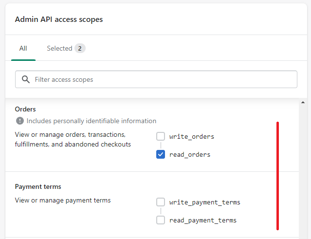 Shopify custom app Scopes (Permissions)