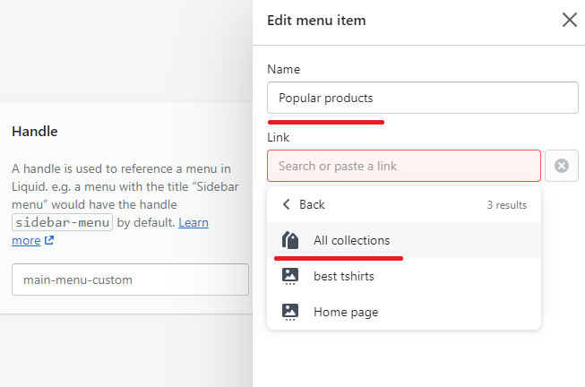 Shopify stating the process of adding a drop-down menu item