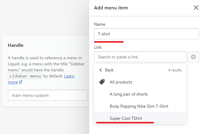 Shopify add product menu item