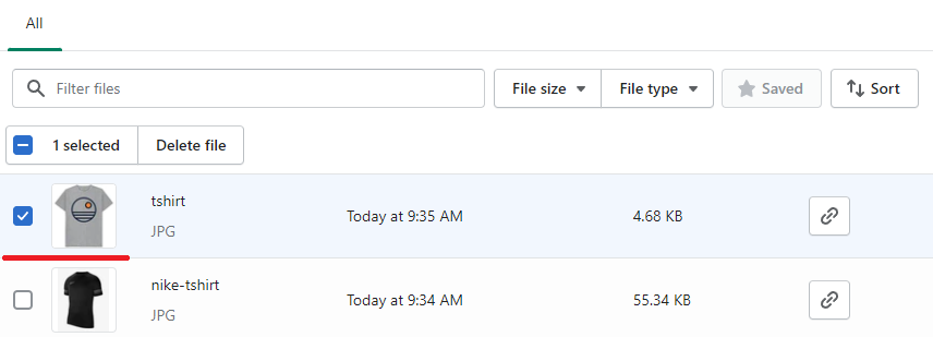 Shopify select file to delete