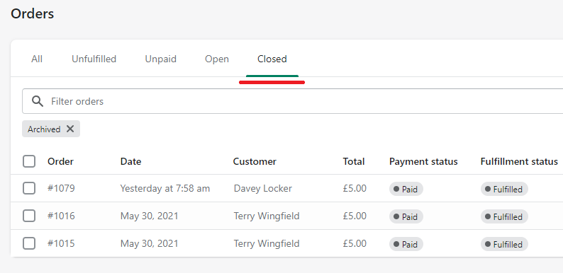 Shopify go to closed orders