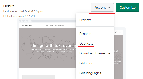 Shopify actions > duplicate