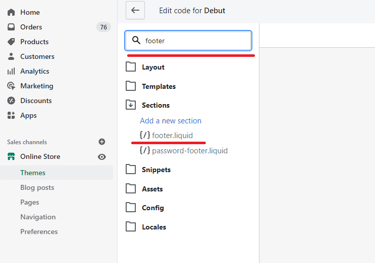 Shopify footer code editor