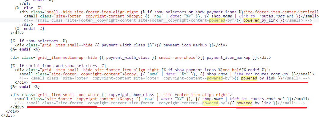 Shopify comment out powered by code