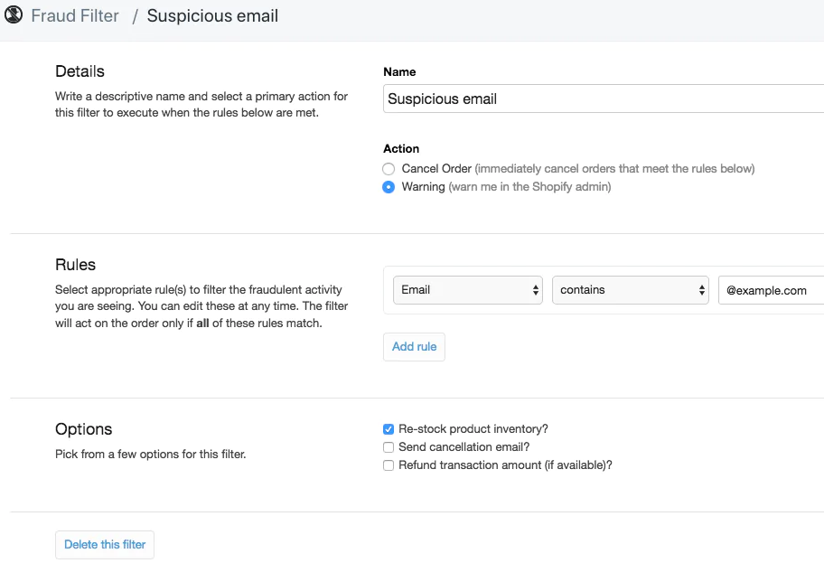 Shopify filter fraud rules